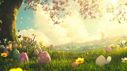 Spring's Embrace, Abstract Art with Easter Eggs and Blossoming Trees in a Sunny Meadow