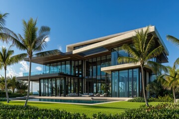 Fototapeta premium Modern luxury villa tropical paradise palm trees contemporary architecture glass walls