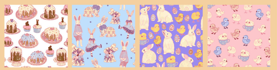 Set of seamless Easter patterns. Cute illustration of white rabbits, chicks, eggs and Easter cakes. Pastel seasonal holiday wallpaper hand drawn.
