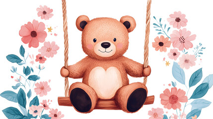 Charming bear on swing surrounded by flowers children's illustration whimsical style bright colors playful concept