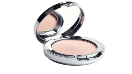 A compact mirror with light pink powder opened on a clean surface, perfect for touch-ups or daily makeup routine on transparent background