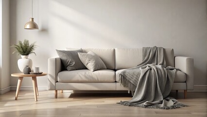 Minimalist Living Room Gray Blanket Beige Couch White Wall Interior Design Home Decor