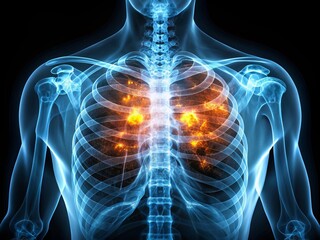Minimalist Representation of Bronchiectasis: X-ray  of Human Chest with Lung Bleb and Cyst due to Chronic Infection on Isolated Background with Blank Space