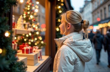 Blonde woman in white jacket stands at a shop window, looking at Christmas decorations and gifts. Concept: Christmas stress mood, New Year, preparations for the holiday