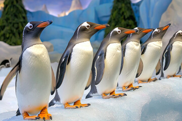 Fototapeta premium Penguins standing in a row on ice in a chilly environment