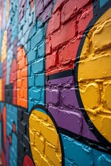 Naklejka premium Modern street art, bright graffiti on a brick wall with bright colors and geometric shapes, figures, pop art style. 