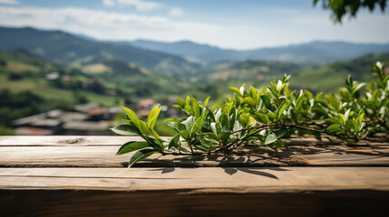 Wooden floor with blurred beautiful landscape of tea plantation background.