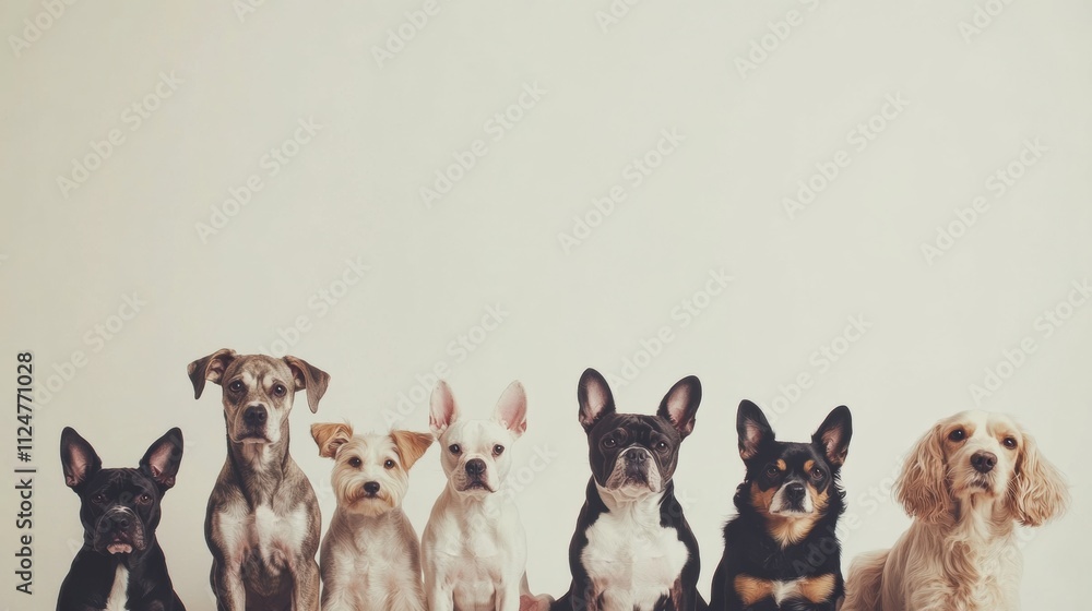 Aufkleber A diverse group of dogs is sitting together, showcasing various breeds and sizes against a light backdrop with ample space for text. Generative AI