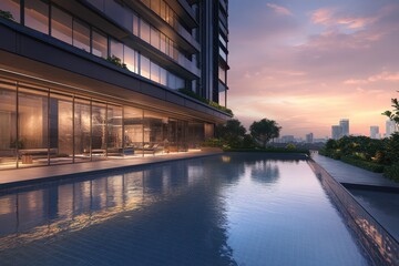 Modern sleek architecture minimalist design large glass facade reflective pool sunset glow