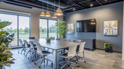 Fototapeta premium Modern conference room with large windows, gray walls, long table, white chairs, and plants.