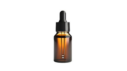 A brown glass dropper bottle filled with liquid, highlighting its sleek design against a clean white background on transparent background