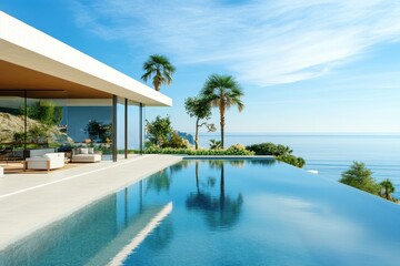 Fototapeta premium Modern tropical villa green exterior large windows minimalist architecture poolside palm trees lush landscaping