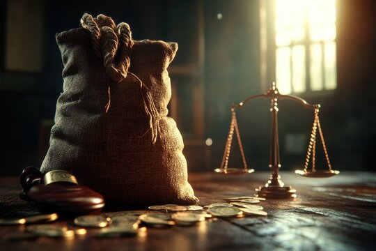 Money bag gavel justice scale courtroom wooden table