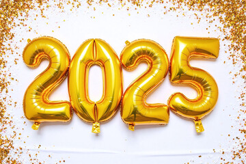 Metallic gold number 2025 balloons on glittery backdrop