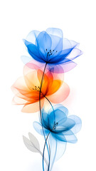 Fototapeta premium Blue and orange flowers on white background. Postcard design. Floral illustration. Vertical poster.