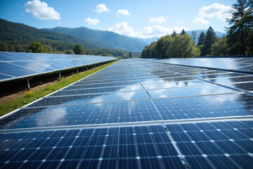 Futuristic solar farm grid solar panels natural backdrop order