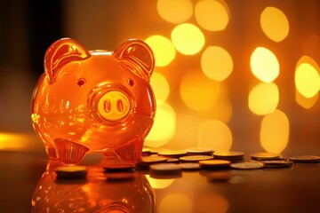 Orange piggy bank glossy ceramic finish coins scattered around soft focus background