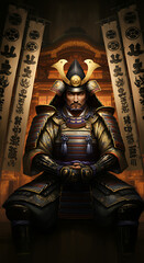 Obraz premium A majestic depiction of Hachiman, god of war and warriors, in samurai armor surrounded by banners and a shrine setting, symbolizing strength and protection.