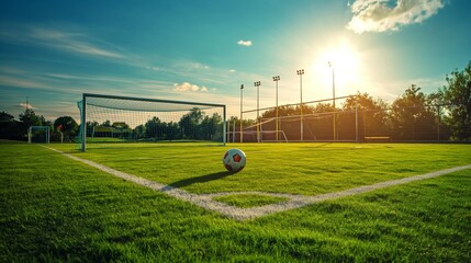 A vibrant scene of a soccer field with goalposts and a ball in the center, ready for a game.