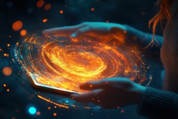 Person holding tablet holographic digital data futuristic interface technology theme