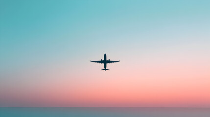 Fototapeta premium A minimalist design of an airplane soaring through a gradient sky, with a calm sea below. Airplane flying over ocean.