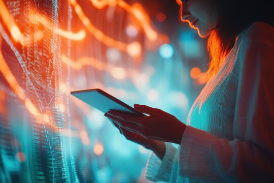 Person holding tablet holographic digital data futuristic interface technology theme