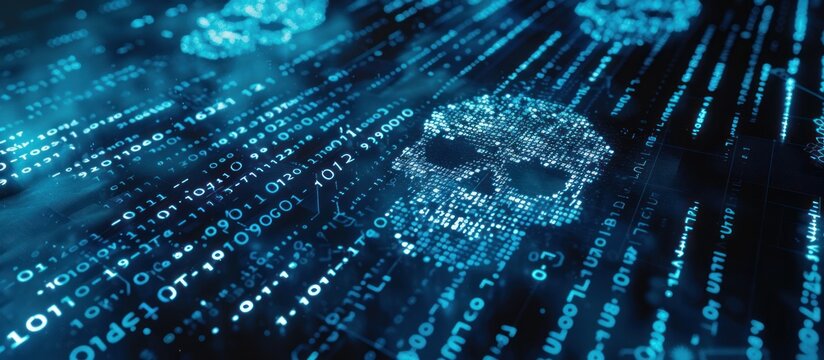 Technological background with skull made of binary code on a digital screen.