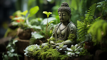 buddha statue on a rock in a blurred green bamboo jungle with smooth water surface, fresh natural spa wallpaper concept with asian spirit