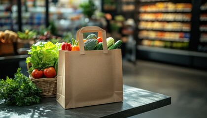 Mockup blank template craft package filled with vegetables in a grocery store setting. Eco friendly