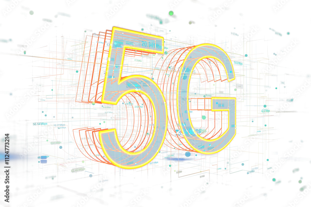 Aufkleber 5G sign with neon outline style on a white background, surrounded by virtual grid lines and digital elements. Concept of future technology. 3D Rendering.