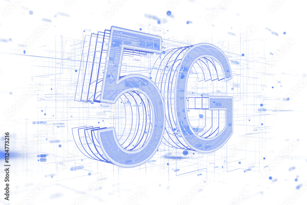 Poster 3D rendering of an abstract 5G design with neon-style blue lines, holographic elements, isolated on a white background, digital tech concept