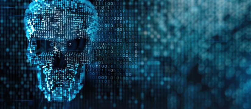 Technological background with skull made of binary code on a digital screen.