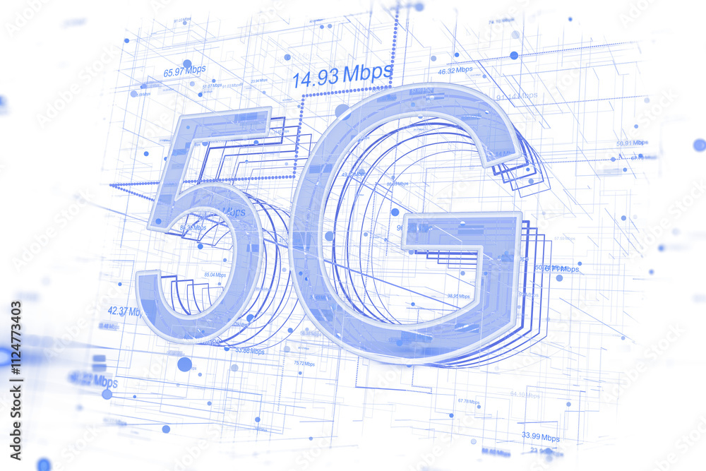 Poster 5g text in blue holographic style surrounded by abstract tech lines, digital elements on white backg