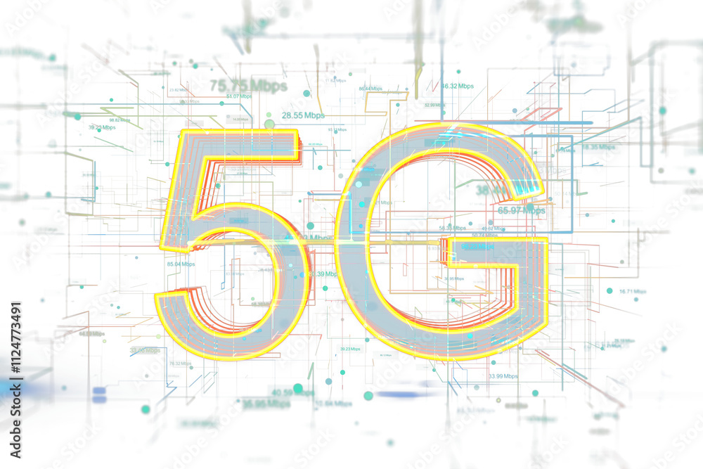 Poster Neon-styled 5G text with a holographic outline, overlaying a tech-themed network diagram on a white background. Connectivity concept. 3D Rendering.