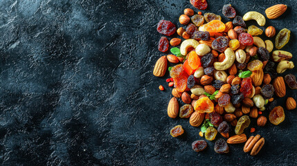 colorful assortment of mixed nuts and dried fruits on dark surface, perfect for snacking or adding to recipes. This vibrant mix offers healthy and delicious option for any occasion