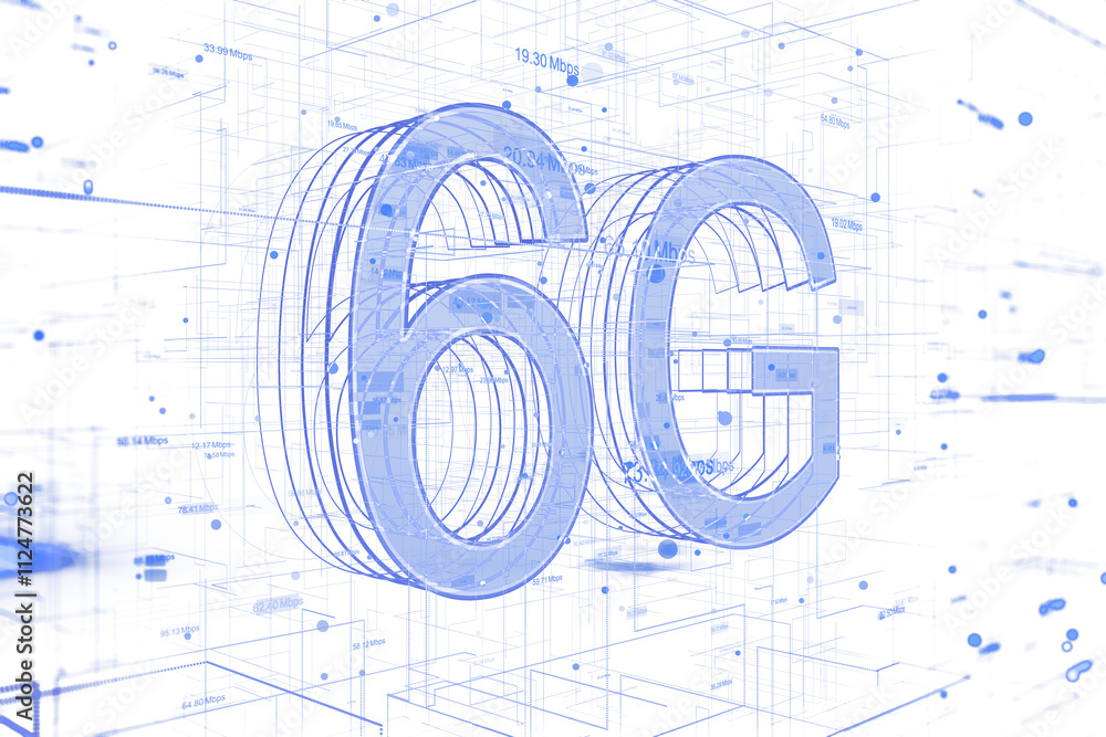 Poster Blue 6G holographic text with virtual tech lines and data elements, white background, futuristic design concept, digital style. 3D Rendering.