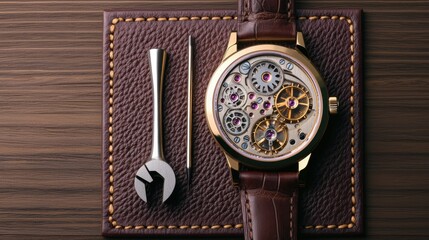 Old-school and vintage craftsmanship, A luxury watch with a transparent face showcasing intricate gears, alongside precision tools on a textured leather surface.