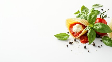 Fresh pasta with creamy ricotta cheese, rich tomato sauce, and vibrant basil leaves on a clean white background, perfect for culinary projects and food styling