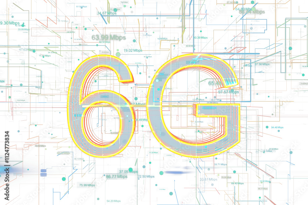 Poster Neon-outlined 6G text with virtual network schematics, clean white background, futuristic tech style, concept of next-gen communication. 3D Rendering.