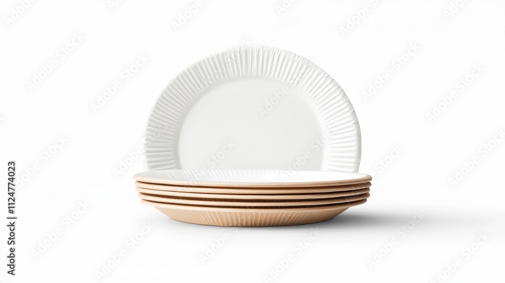 Poster stacked elegant plates with textured rim displayed in minimalist style for stylish dining and kitche