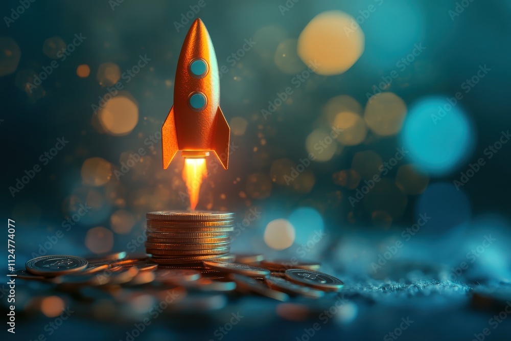 Aufkleber rocket launching from stack of coins financial growth concept blurred bokeh background