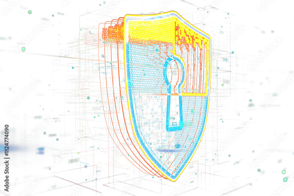 Poster Digital shield with keyhole in neon colors, virtual tech style, abstract white background. Concept of cybersecurity and digital protection. 3D Rendering.