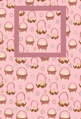 Easter seamless pattern. Illustration of painted holiday eggs in a wicker basket on a pink background. Provence festival wallpaper for greeting cards and posters