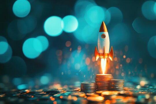 Rocket launching from stack of coins financial growth concept blurred bokeh background