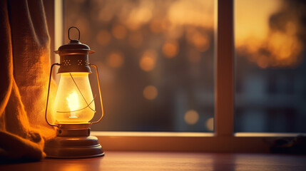 lantern on windowsill. autumn seasonal composition. symbol of fall time. Mabon, thanksgiving, halloween concept. home comfort. autumn equinox holiday