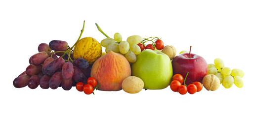 Grapes and other fruits on a white background