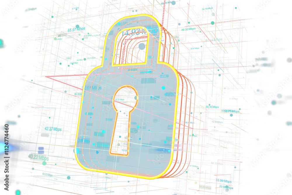 Poster Digital lock symbol with neon outline, surrounded by abstract wireframe and data flow elements, on a clean white background, cybersecurity concept. 3D Rendering.