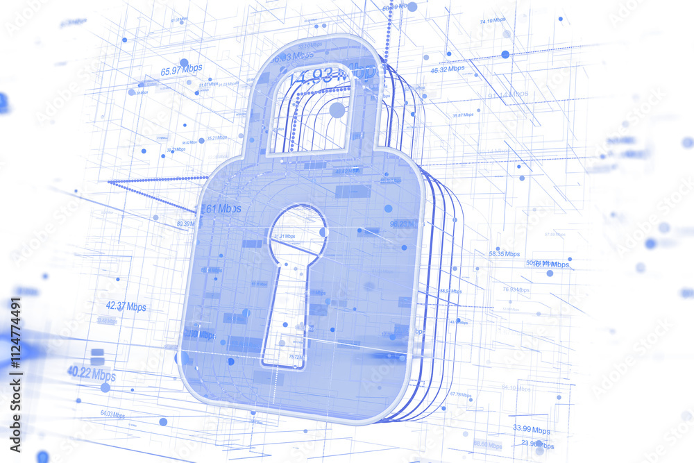 Aufkleber A digital blue lock with a wireframe structure, surrounded by data flow graphics on a clean white background. Concept of cybersecurity. 3D Rendering.