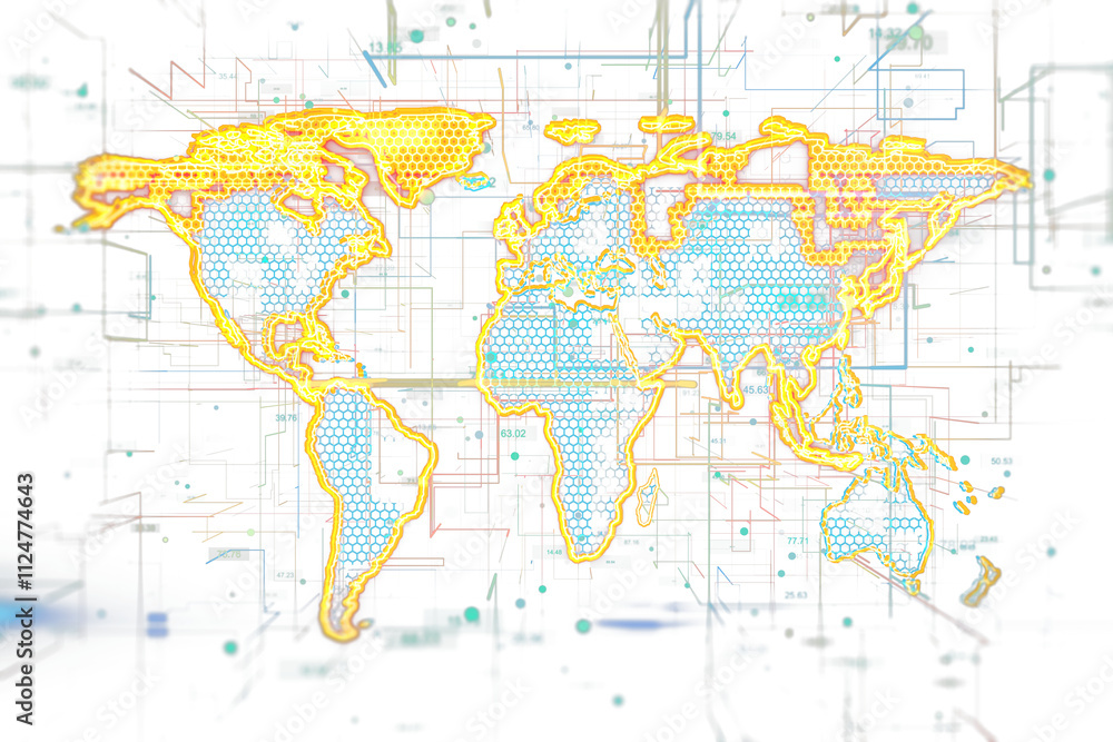 Fototapete Abstract digital world map with glowing neon outlines and hexagonal patterns, set against a white background, representing global tech concepts. 3D Rendering.