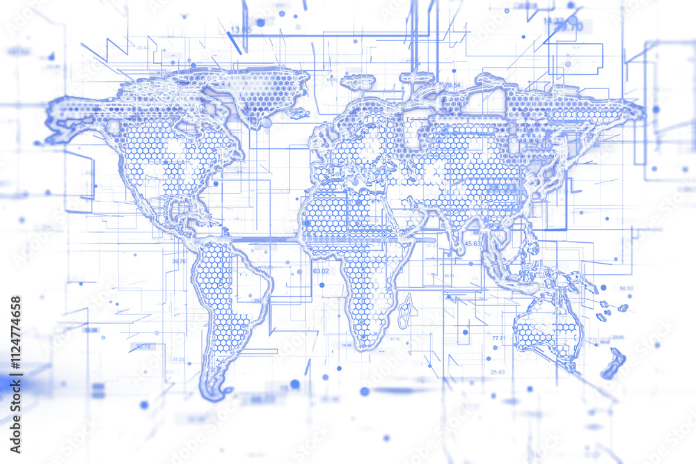 Aufkleber Digital blue world map with hexagonal texture, futuristic grid lines, isolated on white background, concept of advanced global technology. 3D Rendering.